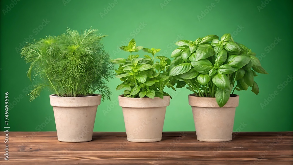 Fototapeta premium Three potted herbs, dill, mint, and basil, sit in a row on a wooden table against a green background in a studio shot
