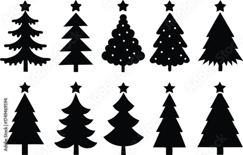 Christmas Tree Icons Set - Minimalist Vector Evergreen Trees for Holiday Design