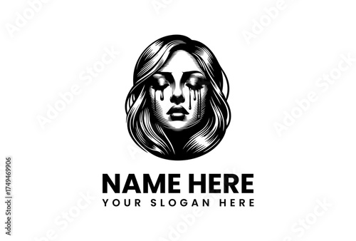 Powerful black and white vector illustration of a crying woman's face with flowing tears. An emotional and sorrowful graphic design perfect for branding, logos, and expressive projects