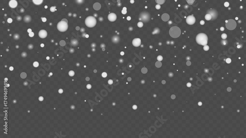 Abstract transparent snowfall overlay, winter background design. Falling snow, particles bokeh, light effect.