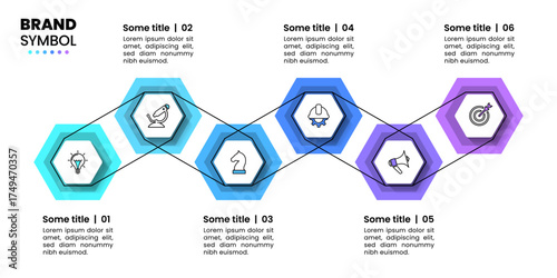 Infographic template. 6 connected hexagons with icons and text