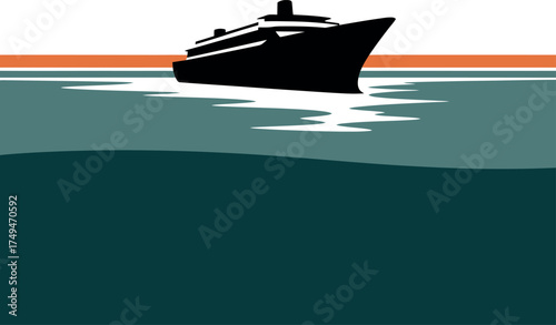 Cruise Ship Silhouette on Abstract Ocean Background