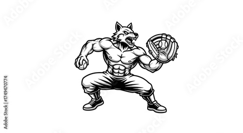 A muscular wolf-like character in a baseball catcher's stance, wearing a glove and ready to catch a ball.