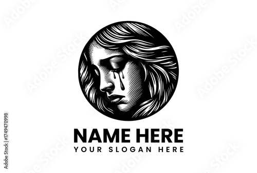 A Somber Portrait Crying Woman's Face Rendered in a Circular, Engraved Style Logo