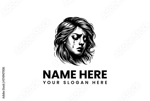 Monochrome vector illustration of a crying woman's face with a single tear, representing sadness and grief. A vintage hand-drawn emblem for a logo