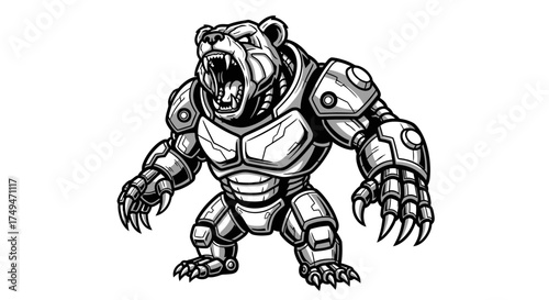 A powerful robotic bear stands with an aggressive pose, baring its teeth and claws.
