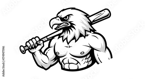 Illustration of a muscular eagle holding a baseball bat over its shoulder, depicted in black and white.