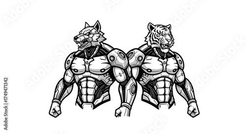Two muscular figures, one with a wolf head and the other a tiger head, standing together.