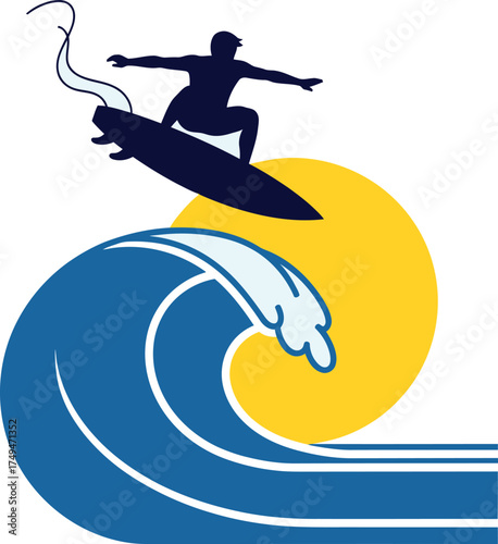 Surfer Silhouette on Wave with Sun