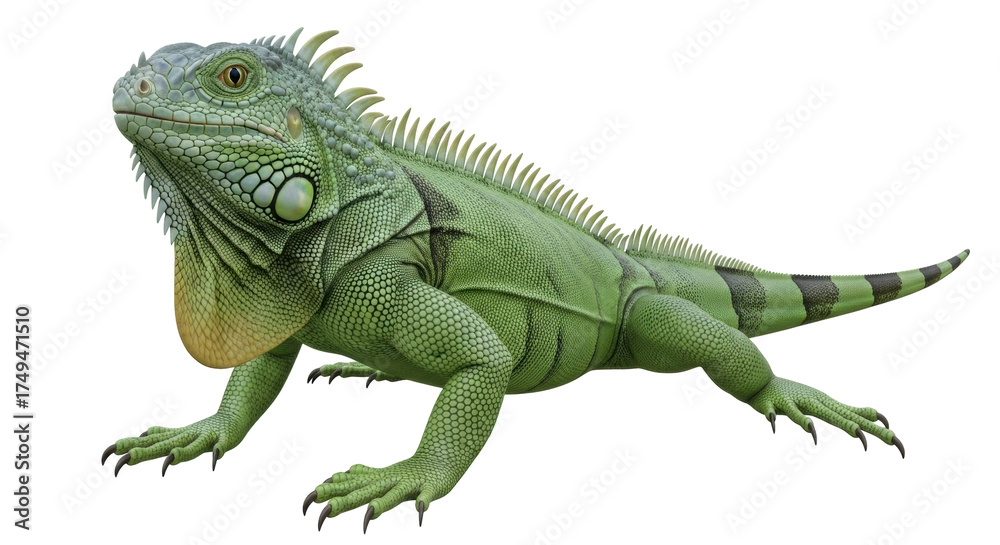 Fototapeta premium Isolated Green Iguana reptile exotic pet sitting alert, scaly skin texture, tropical habitat