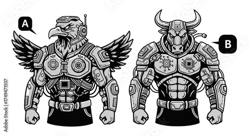 Illustration of a robotic eagle and bull, both wearing armor and labeled A and B respectively.