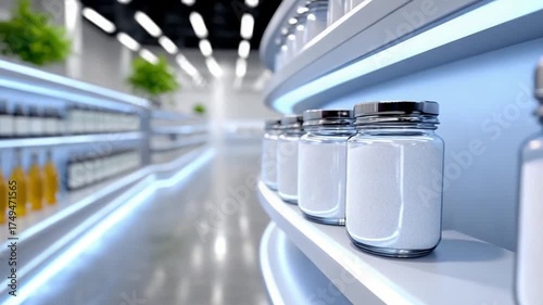 Shelf of Beauty: A clean, modern shelf displaying bottles of various products. Captured with sleek lighting, it shows an array of product choices.