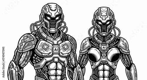 Two futuristic robotic figures stand side-by-side, armored and detailed, with glowing eyes and intricate mechanical designs.
