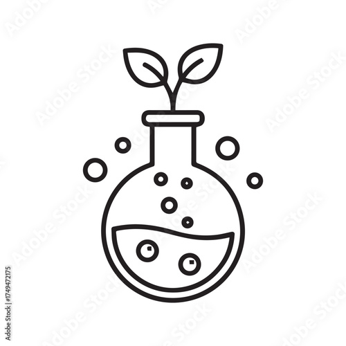 Biotechnology line icon, plant growing in a chemical flask, symbol of green science, ecology, and research.
