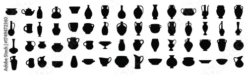  set of pottery silhouettes and vases black pot isolated 