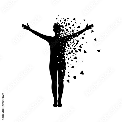 Silhouette of man dissolving into particles — freedom, transformation and abstract concept vector illustration