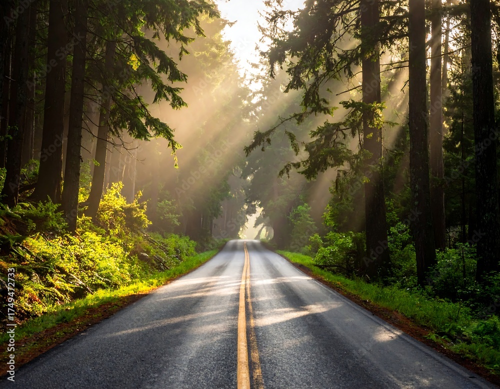 Obraz premium Asphalt road surrounded by tall trees bathed in sunlight