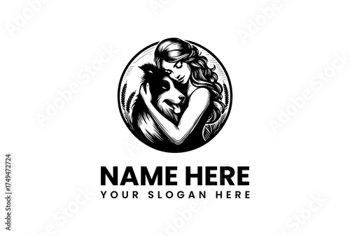 Black and white vector illustration of a woman hugging a collie dog. A circular logo symbol for pet care, veterinary clinics, or animal shelters, showcasing a strong bond
