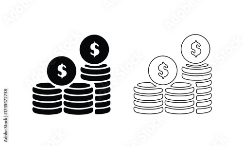 Set of Increasing Dollar Coin Stacks Silhouettes.