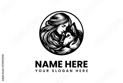 A beautiful hand-drawn circular logo of a woman with flowing hair tenderly embracing a husky or wolf, symbolizing a deep bond with nature