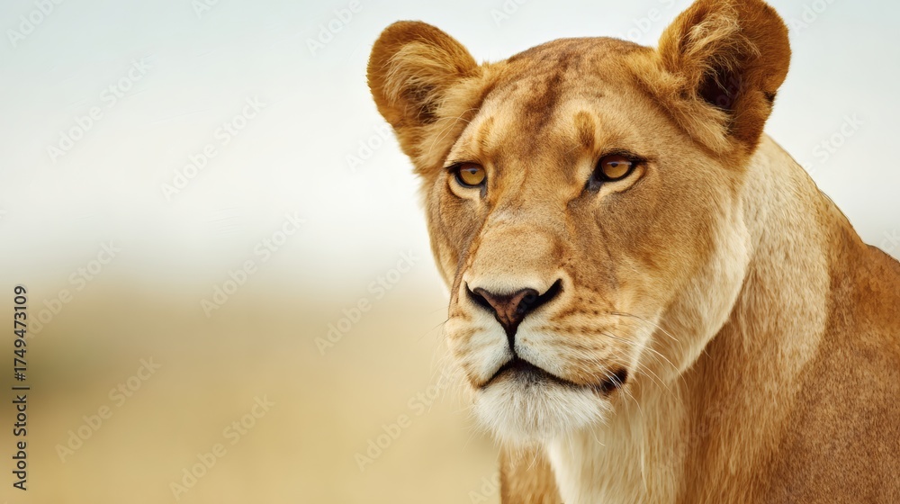 Obraz premium ferocity. Lioness with a focused gaze and detailed fur, bathed in golden savanna light with a natural habitat backdrop. wildlife magazines.
