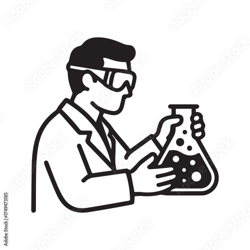 Chemist linear icon. Scientist with safety goggles holding a chemical flask for a laboratory experiment..
