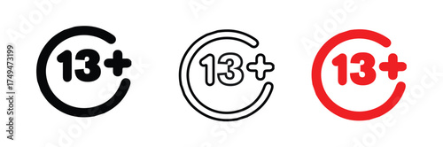 Set of Simple Black 13+ Age Restriction Icons.