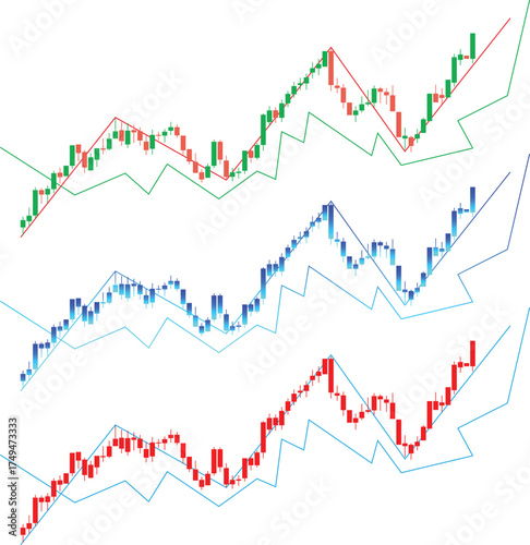 Financial candlestick charts showing upward trends isolated on white background