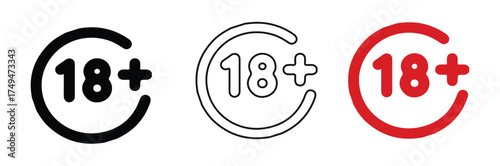 Set of Simple Black 18+ Age Restriction Icons.
