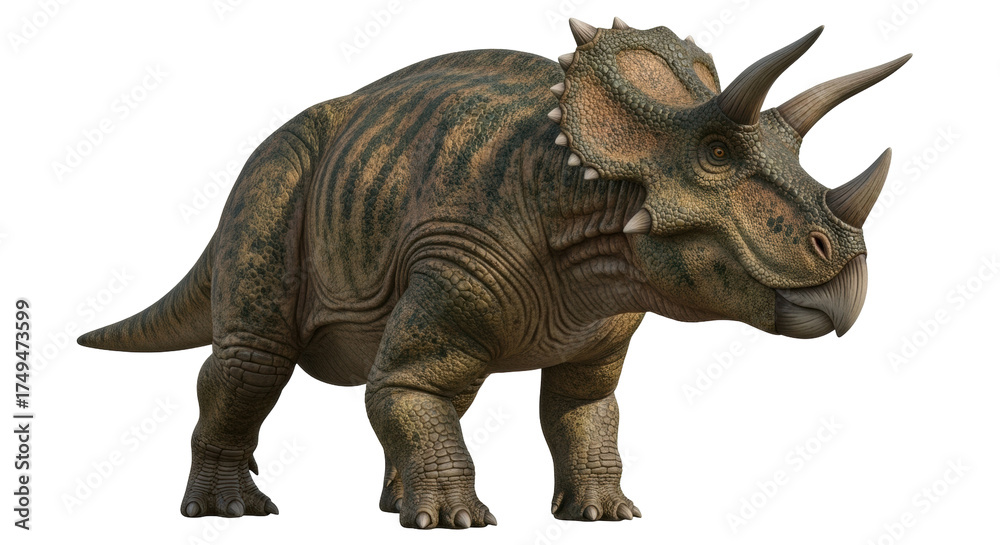 Fototapeta premium Isolated Torosaurus dinosaur with horns and neck frill posing on a neutral background