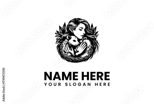 Mystical illustration of a beautiful woman tenderly embracing a delicate wild animal, surrounded by intricate natural foliage, ideal for an emblem or nature-themed brand logo