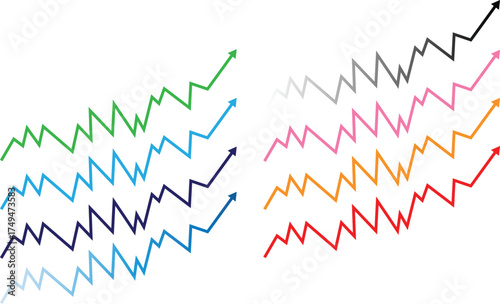 Multiple colorful upward trending line graphs isolated on white background