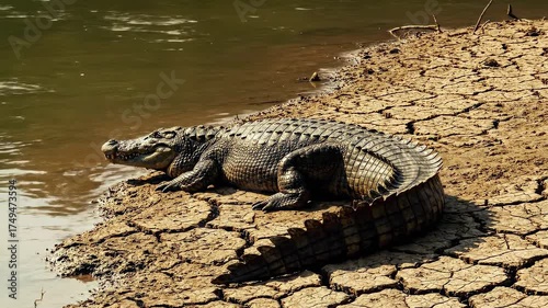 Large crocodile resting on cracked earth near water