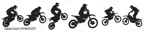  set silhouette of motorcycle rider performing trick on white