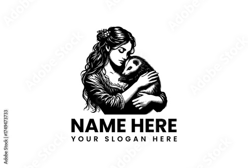 A vintage black and white illustration of a beautiful woman gently embracing a barn owl, a symbol of care and nature. Vector design 120