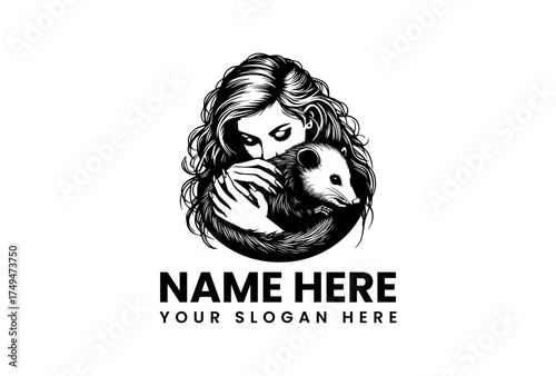 Illustration of a Woman Gently Holding an Opossum in a Tender Embrace, Representing Compassion and Connection