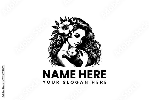 Elegant Woman Holding a Cute Baby Panda with Floral Accents, Ideal for Branding