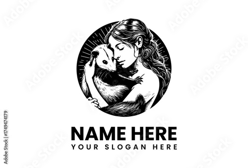A hand-drawn vintage style logo showing a serene woman embracing a panda bear, symbolizing the bond between humans and nature