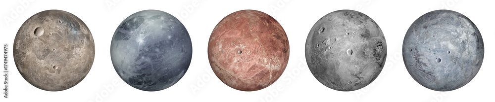 Fototapeta premium dwarf planets Ceres, Pluto, Haumea, Makemake, and Eris, 3d rendering illustration isolated on transparent background
