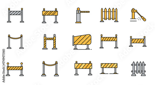 Collection of colorful barrier icons depicting road construction and safety measures