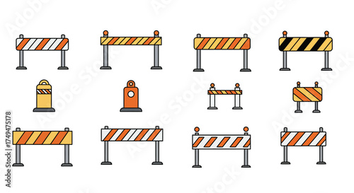 Colorful road barriers and traffic cones in a flat vector illustration