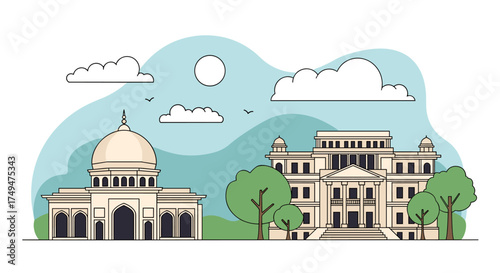 A view of grand architectural buildings with a dome and a large structure surrounded by lush green trees under a bright sunny sky.