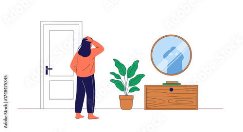 A person standing near a door is looking at a mirror and touching their head in confusion.
