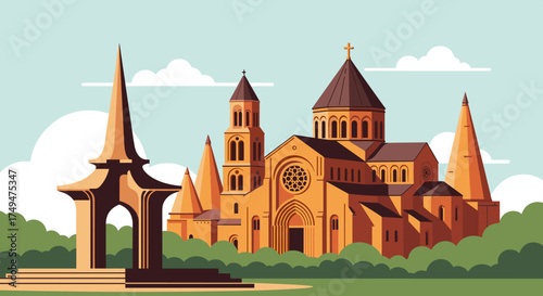 An artistic depiction of a grand historical religious structure with distinct architectural features set against a bright sky.