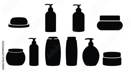 Black silhouette icons of various bathroom and cosmetic product containers