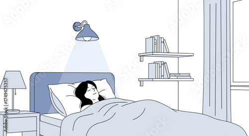 A woman peacefully sleeping in a comfortable bed with a reading lamp overhead providing soft illumination. The room is tidy with bookshelves on the wall and a window with curtains.