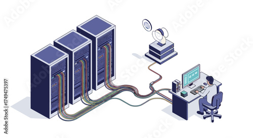 Network server rack infrastructure connected to a monitoring station with a computer interface.