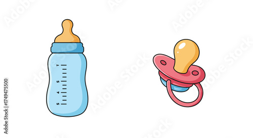 Simple cartoon illustration of a baby bottle and a pink pacifier