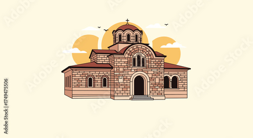 An old stone church with a dome and cross sits against a backdrop of warm sky and clouds.