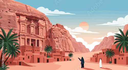 An ancient desert city carved into sandstone mountains at sunset.